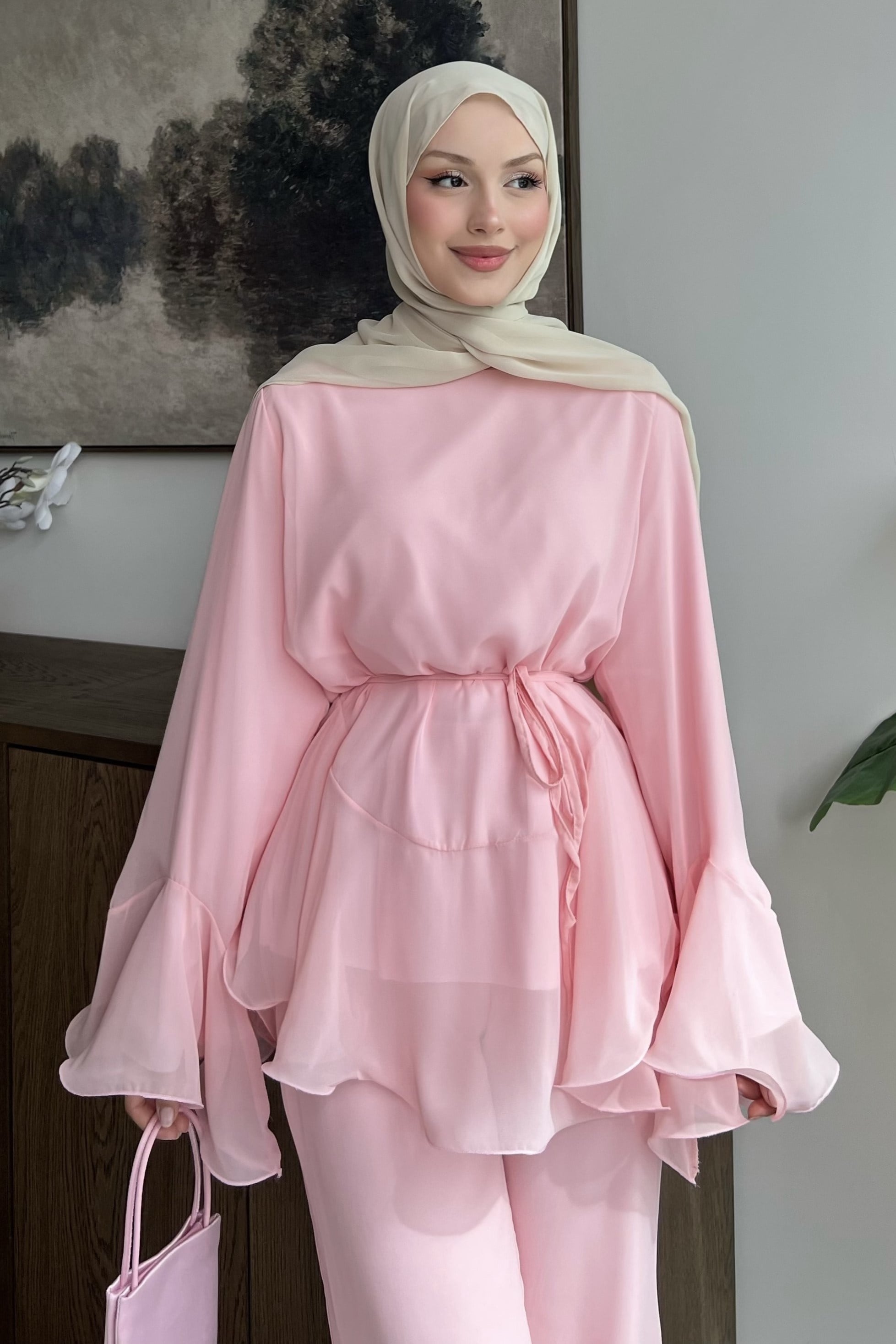 Şifonlu Pantolonlu Takım Pembe
