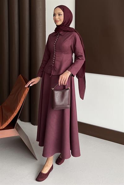 Bağcık Detaylı Etekli Takım Bordo