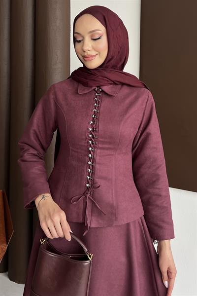Bağcık Detaylı Etekli Takım Bordo
