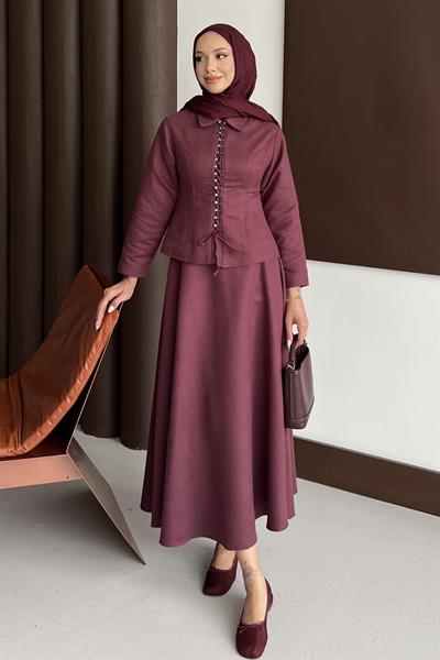 Bağcık Detaylı Etekli Takım Bordo