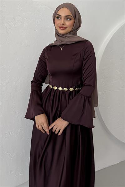Balon Etekli Saten Elbise Mürdüm