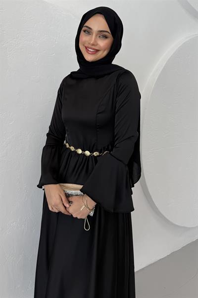 Balon Etekli Saten Elbise Siyah