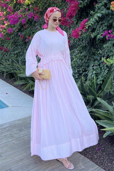 Beli Pensli Fırfır Detaylı  Elbise Pembe