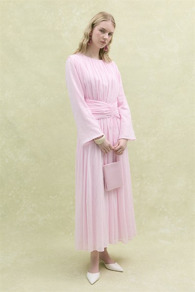 Büzgü Detaylı Bağlamalı Elbise Soft Pembe