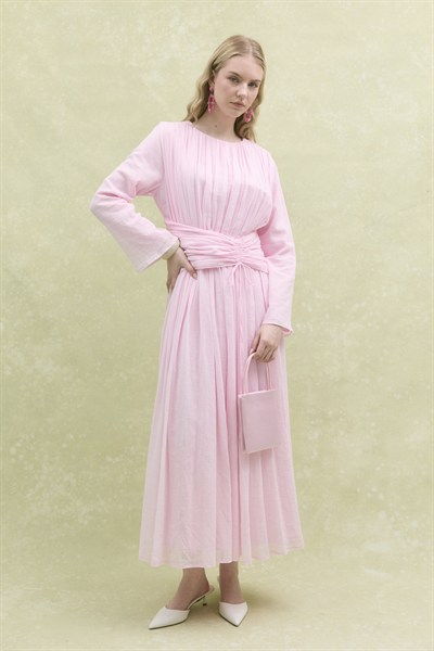 Büzgü Detaylı Bağlamalı Elbise Soft Pembe
