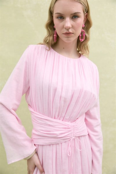 Büzgü Detaylı Bağlamalı Elbise Soft Pembe