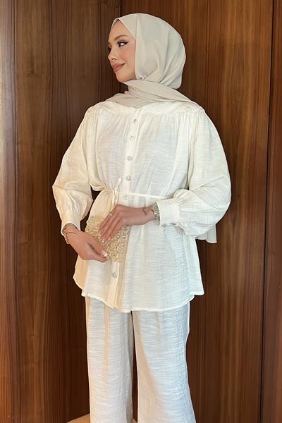 Büzgülü Taş Düğmeli Takım Ekru