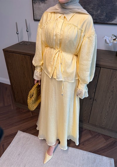 Çizgi Armürlü Tül Tencel Takım Butter Yellow