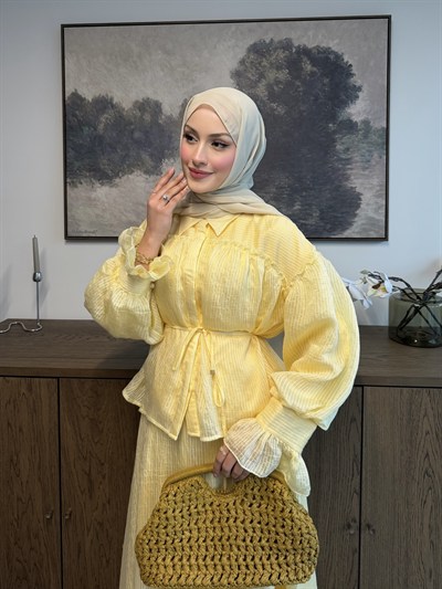 Çizgi Armürlü Tül Tencel Takım Butter Yellow