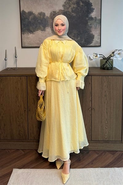 Çizgi Armürlü Tül Tencel Takım Butter Yellow