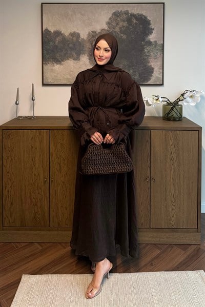 Çizgi Armürlü Tül Tencel Takım Kahverengi