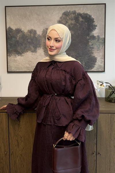 Çizgi Armürlü Tül Tencel Takım Mürdüm