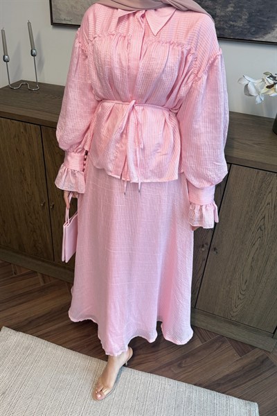Çizgi Armürlü Tül Tencel Takım Soft Pembe