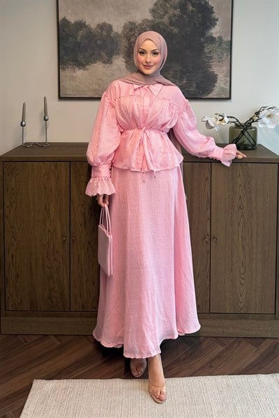 Çizgi Armürlü Tül Tencel Takım Soft Pembe