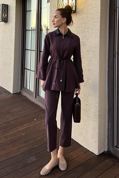 Deri Yakalı Takım Bordo