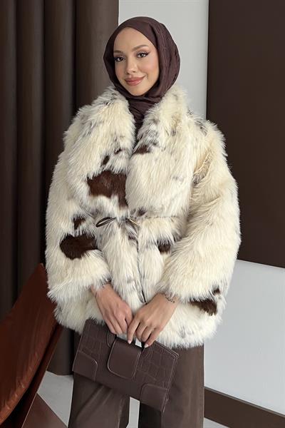 Desenli Premium Kürk Kaban Kahve