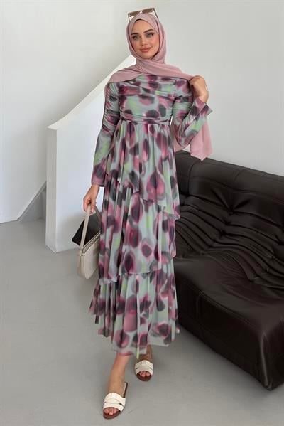 Drape Detaylı Kat Kat Elbise Pembe