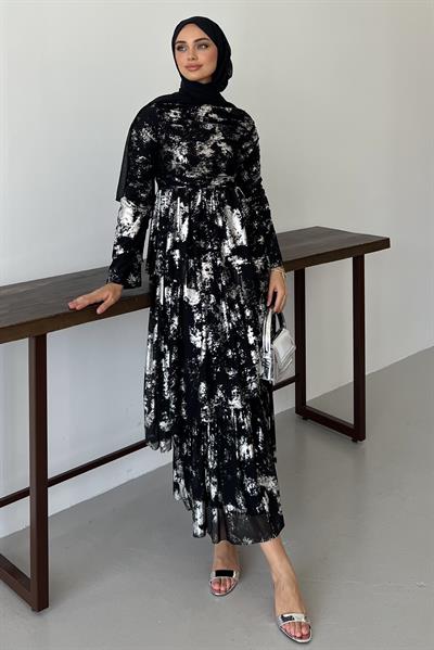 Drape Detaylı Kat Kat Elbise Siyah