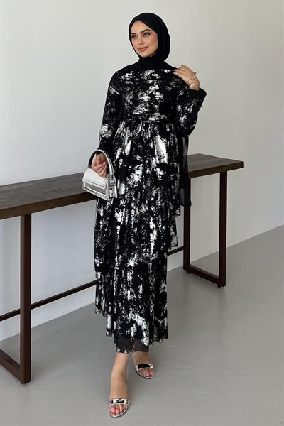 Drape Detaylı Kat Kat Elbise Siyah