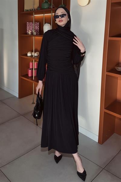 Drape Detaylı Sandy Elbise Siyah
