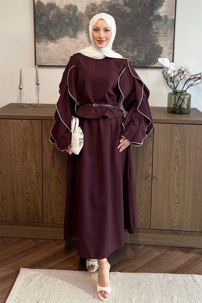 Elara Kolları Fırfırlı Etekli Takım Bordo