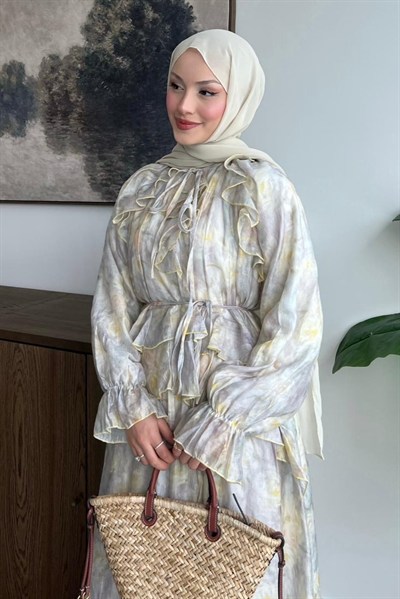 Fırfır Detaylı Maxi Elbise Gri