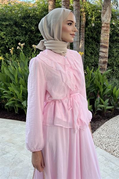 Fırfır Yaka Detaylı  Takım Pembe