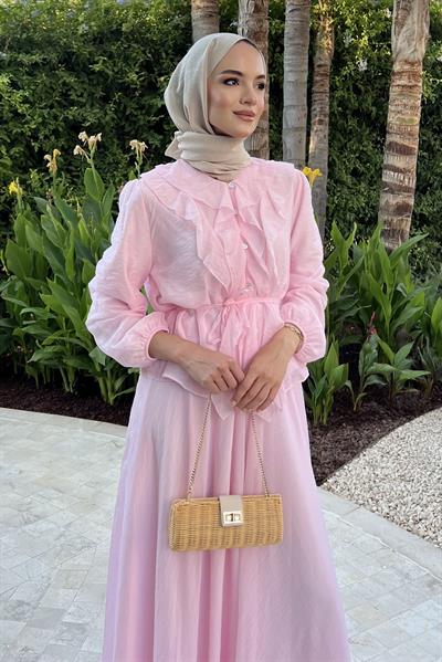 Fırfır Yaka Detaylı  Takım Pembe