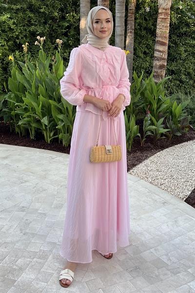 Fırfır Yaka Detaylı  Takım Pembe