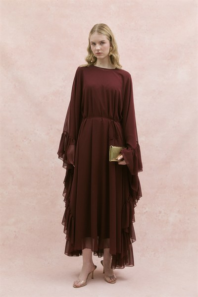 Fırfırlı Şifon Abaya Bordo