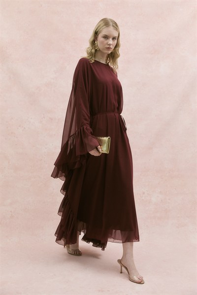 Fırfırlı Şifon Abaya Bordo