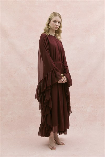 Fırfırlı Şifon Abaya Bordo