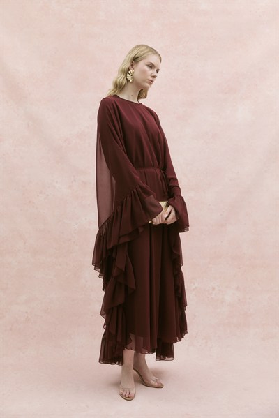 Fırfırlı Şifon Abaya Bordo