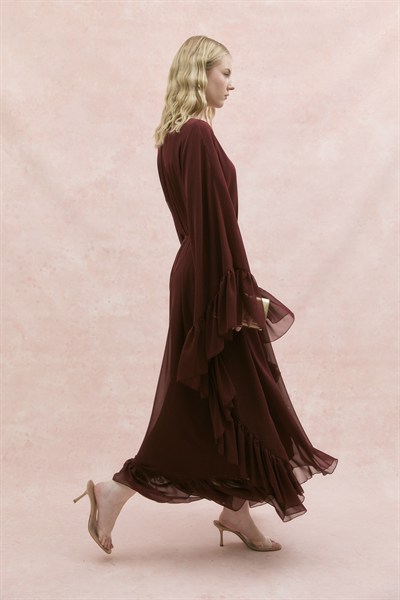 Fırfırlı Şifon Abaya Bordo