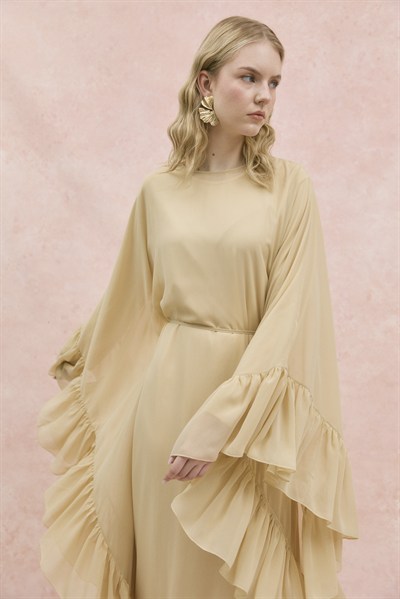 Fırfırlı Şifon Abaya Bej