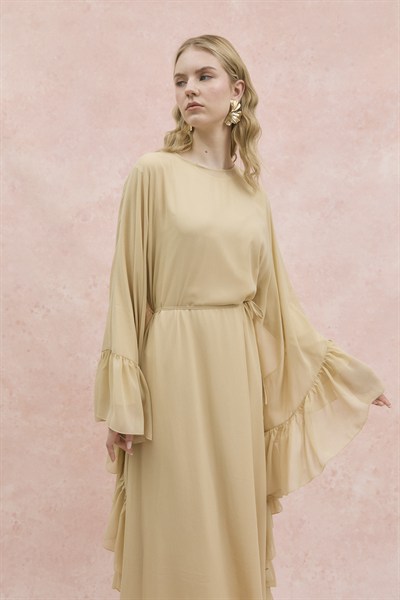 Fırfırlı Şifon Abaya Bej