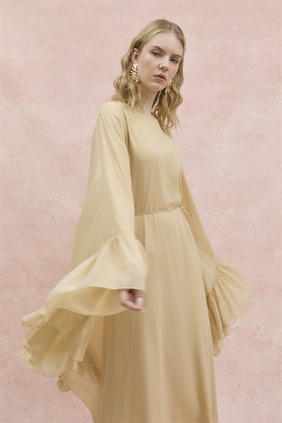 Fırfırlı Şifon Abaya Bej