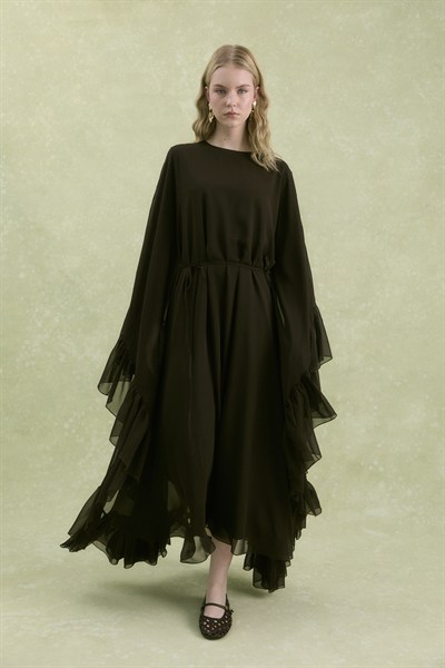 Fırfırlı Şifon Abaya Kahverengi