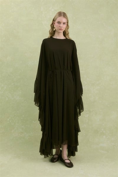 Fırfırlı Şifon Abaya Kahverengi