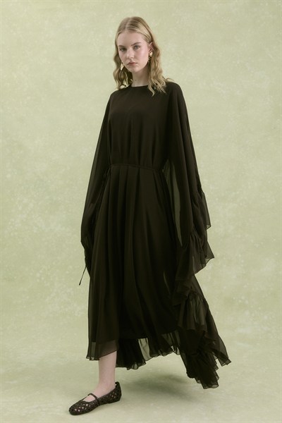 Fırfırlı Şifon Abaya Kahverengi