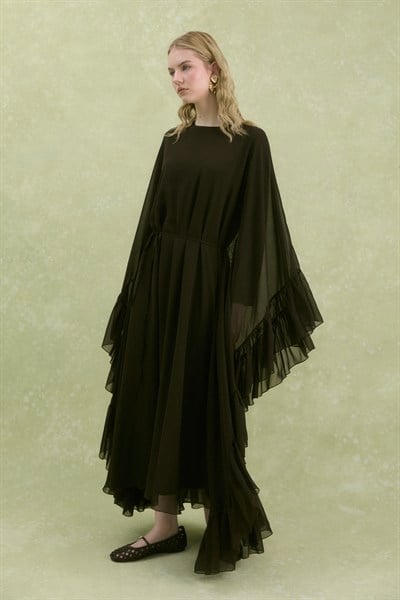 Fırfırlı Şifon Abaya Kahverengi
