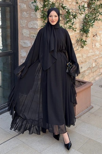 Fırfırlı Şifon Abaya Siyah