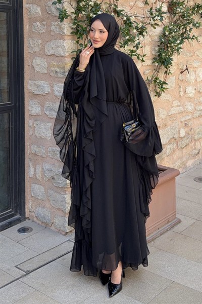 Fırfırlı Şifon Abaya Siyah