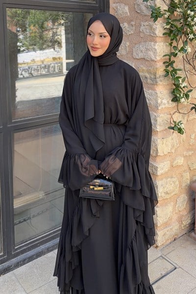 Fırfırlı Şifon Abaya Siyah