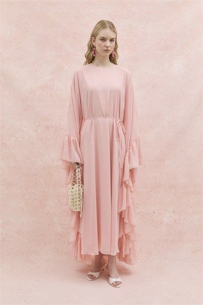 Fırfırlı Şifon Abaya Toz Pembe