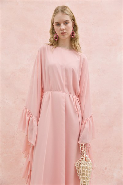 Fırfırlı Şifon Abaya Toz Pembe