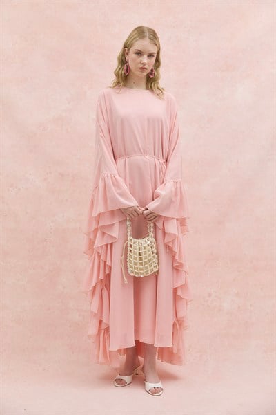 Fırfırlı Şifon Abaya Toz Pembe