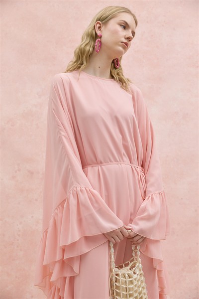 Fırfırlı Şifon Abaya Toz Pembe