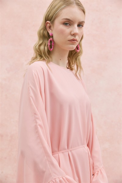 Fırfırlı Şifon Abaya Toz Pembe