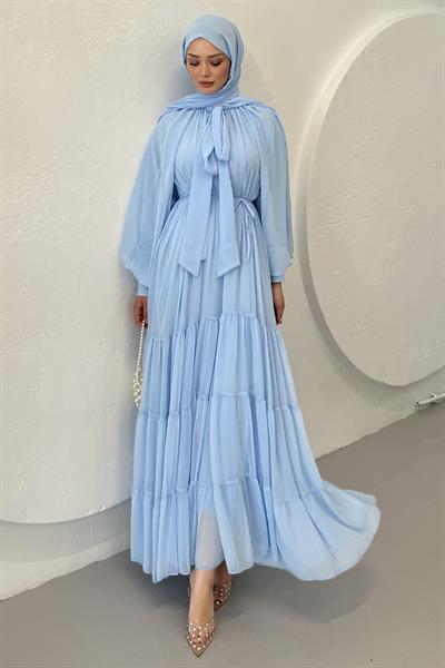 Fularlı Şifon Elbise Baby Blue